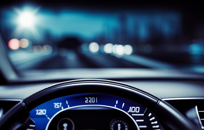 An image showcasing a modern car interior with a sleek dashboard display featuring a digital speedometer, multifunctional steering wheel, and a radar sensor, highlighting the technology behind adaptive cruise control