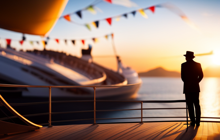 An image showcasing a vibrant cruise ship deck, adorned with colorful banners and a stage backdrop
