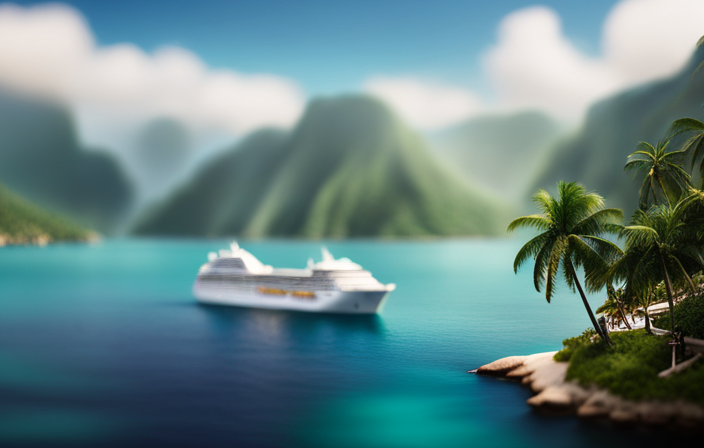 An image showcasing a luxury cruise ship gliding through crystal-clear turquoise waters, with a backdrop of majestic cliffs and palm-fringed beaches