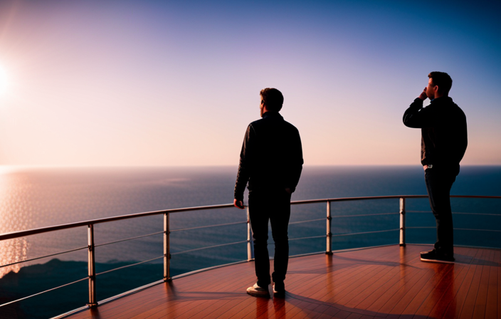An image showcasing a young, adventurous traveler standing on the deck of a luxurious cruise ship, surrounded by the sparkling blue ocean and breathtaking coastal landscapes