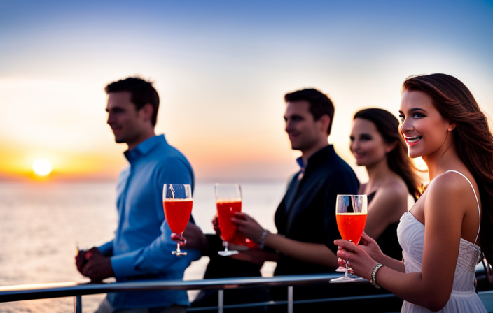 An image showcasing a vibrant deck party on a luxurious cruise ship, with energetic 18-year-olds mingling and sipping refreshing mocktails from colorful glasses, while the sun sets over the pristine ocean horizon