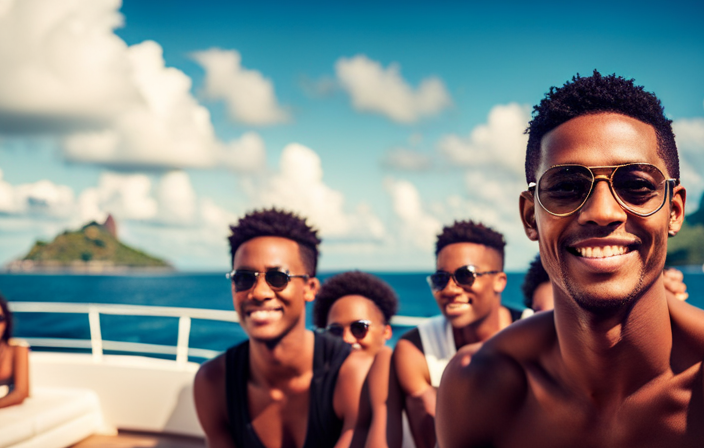 An image showcasing a group of diverse young adults, aged 18, joyfully lounging on the sun-kissed deck of a luxurious cruise ship, surrounded by turquoise waters and palm-fringed tropical islands