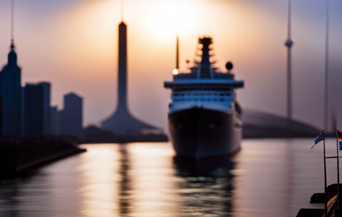 An image showcasing the exquisite silhouette of a majestic cruise ship adorned with vibrant flags, docked at Mobile's bustling port