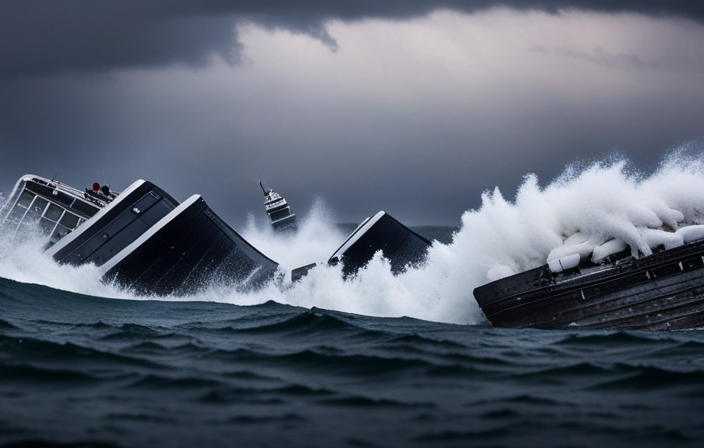 An image of a chaotic scene at sea, depicting multiple cruise ships colliding amidst stormy waves