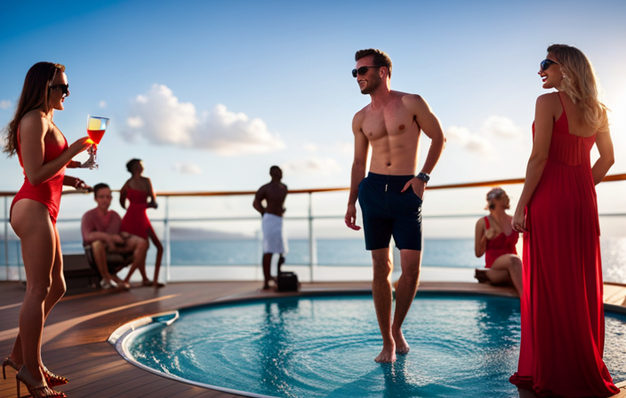 An image featuring a vibrant pool deck on a luxurious cruise ship, adorned with young adults basking in the sun, laughing, and enjoying refreshing cocktails, showcasing the vibrant atmosphere and fun-filled experiences tailored to young adult passengers