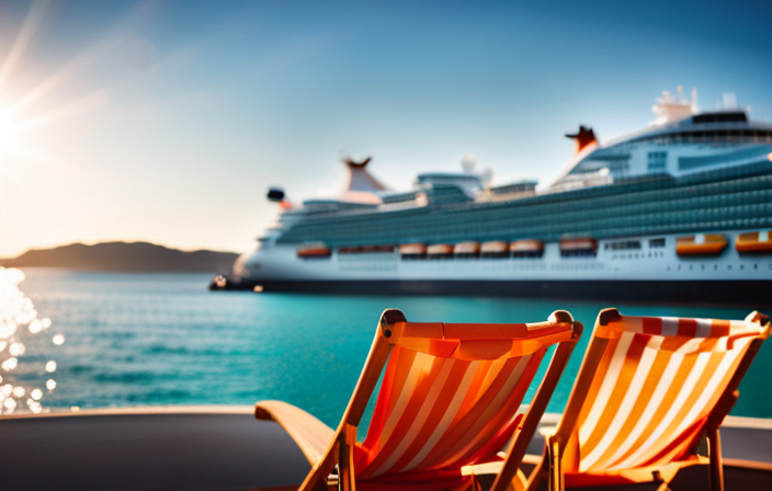 An image capturing a stunning cruise ship surrounded by crystal-clear turquoise waters, adorned with vibrant deck chairs, and a lively atmosphere, showcasing the allure of affordability without any text