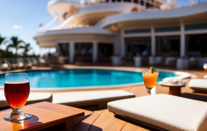 An image showcasing a luxurious cruise ship with a stunning pool deck, adorned with elegant loungers and a vibrant bar area
