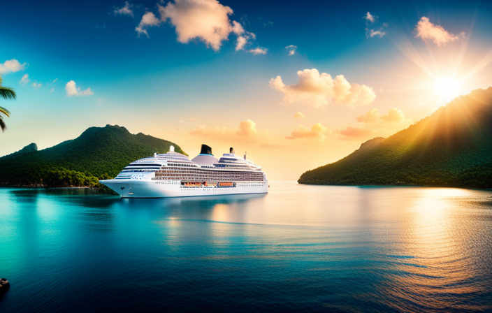 An image showcasing a serene, luxurious cruise ship sailing through crystal-clear turquoise waters, surrounded by breathtaking panoramic views of lush tropical islands and vibrant coral reefs, inviting readers to discover the wonders of "What Cruise Line