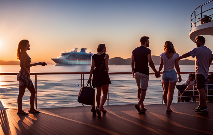 An image of a vibrant cruise ship deck at sunset, with a diverse group of excited young travelers aged 18 exploring the ship's amenities independently, as they relax by the pool, dine at restaurants, and enjoy the breathtaking views