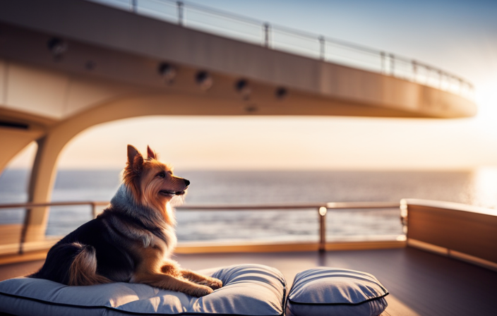 An image showcasing a serene deck scene on a luxurious cruise ship, adorned with comfortable dog beds, stylish pet-friendly amenities, and a dedicated play area, inviting furry companions to embark on a memorable voyage