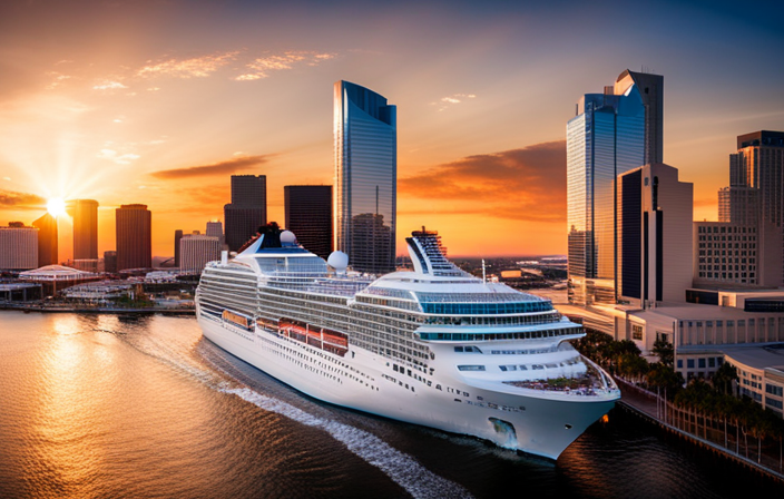 An image showcasing the Jacksonville skyline at sunset, with a bustling cruise terminal in the foreground