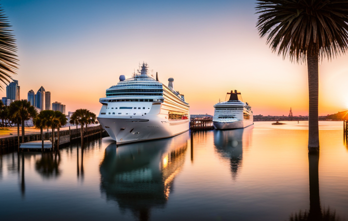 An image depicting a vibrant waterfront scene in South Carolina, showcasing multiple majestic cruise ships docked at the harbor