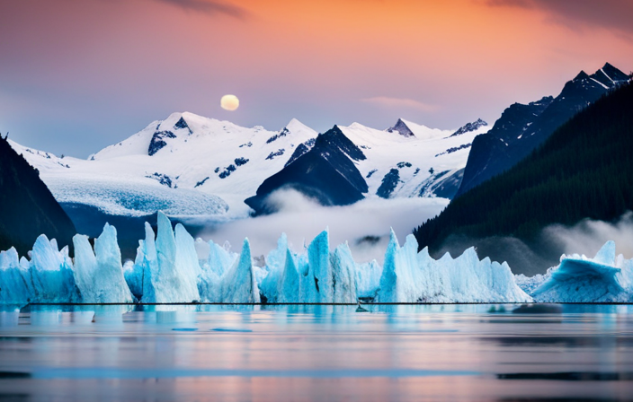 An image showcasing a majestic Alaskan landscape, with a massive, pristine glacier as the centerpiece