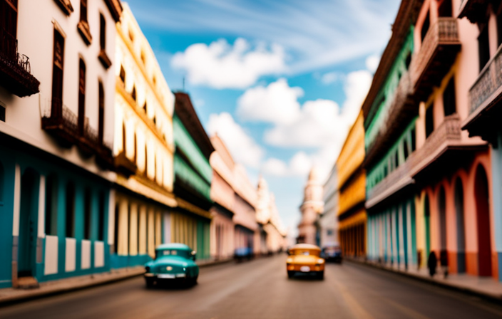 An image showcasing a vibrant Cuban street, adorned with colorful colonial buildings, as a majestic cruise ship sails into the harbor