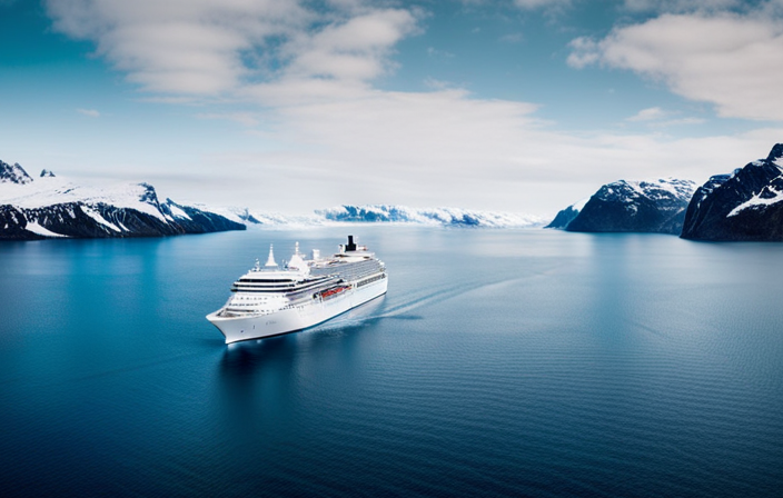 An image showcasing a breathtaking aerial view of a luxurious cruise ship sailing through icy blue waters, surrounded by majestic glaciers and picturesque landscapes of Iceland and Greenland