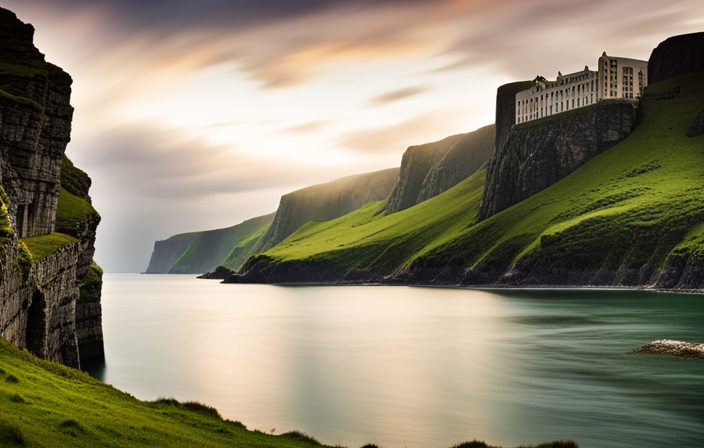 An image showcasing a majestic cruise ship sailing through the emerald waters of Ireland's rugged coastline, surrounded by towering cliffs, quaint fishing villages, and rolling green hills dotted with ancient castles