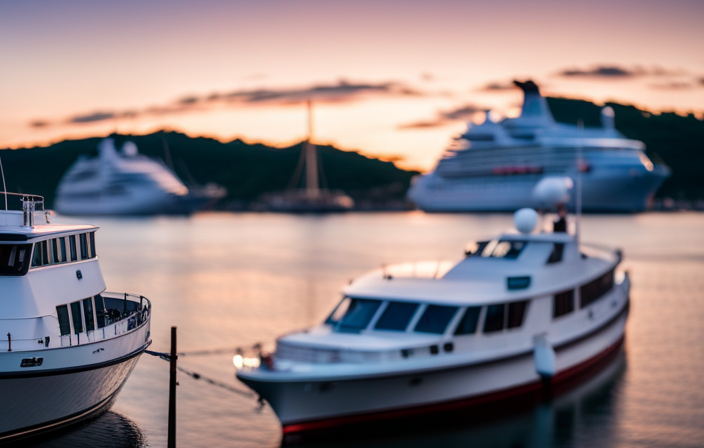 An image showcasing a serene harbor at sunset, with a luxurious cruise ship anchored nearby