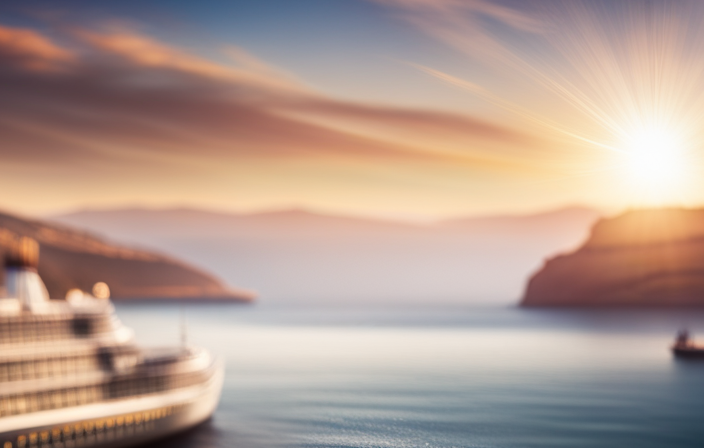 An image showcasing a majestic cruise ship sailing across the vibrant blue Mediterranean Sea towards the iconic ancient cities of Jerusalem and Bethlehem, enveloped by golden sunlight and breathtaking coastal landscapes
