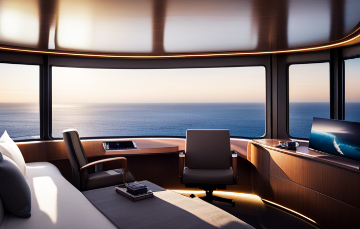 An image showcasing the interior of a luxury cruise ship cabin designed for solo travelers, featuring a comfortable single bed adorned with plush pillows, a sleek desk with a view of the ocean, and a cozy seating area by the window