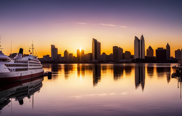 An image showcasing the vibrant San Diego Harbor at sunset, with a picturesque waterfront featuring the grandeur of cruise ships, glimmering lights reflecting on the water, and the iconic Coronado Bridge in the distance