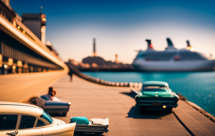 An image showcasing a vibrant seascape with a picturesque cruise ship docked at Havana Port, surrounded by colorful vintage cars, iconic architecture, and bustling streets, capturing the allure of Cuba's diverse cruise line offerings