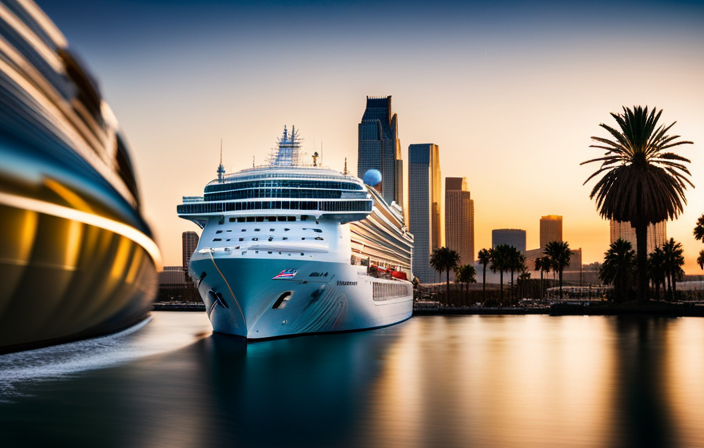 An image that showcases the splendid Norwegian Cruise Line ship majestically docked at the bustling Los Angeles Cruise Port, surrounded by palm trees, glistening blue waters, and the iconic city skyline in the background