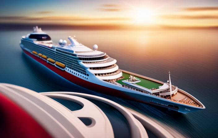 An image showcasing a luxurious cruise ship adorned with vibrant colors and sleek design, featuring a top deck racetrack with thrilling go-karts zooming around sharp bends, overlooking the glistening ocean