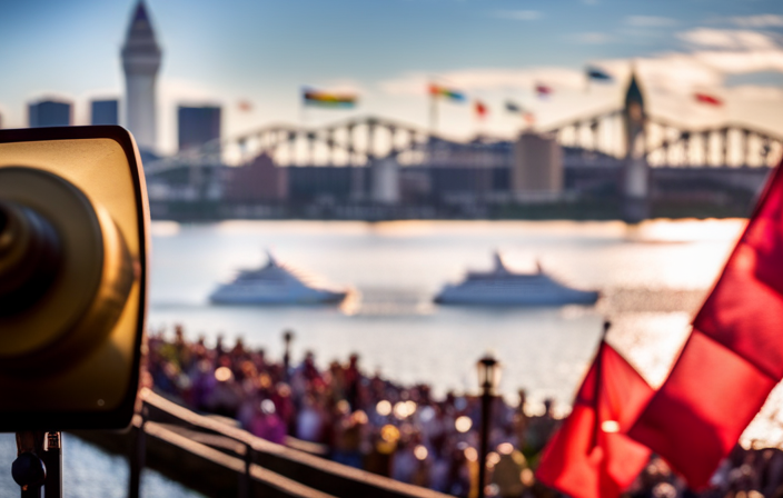 An image showcasing the picturesque Charleston Harbor, with a majestic cruise ship anchored in the foreground, adorned with colorful flags fluttering in the gentle breeze, surrounded by a backdrop of historic landmarks