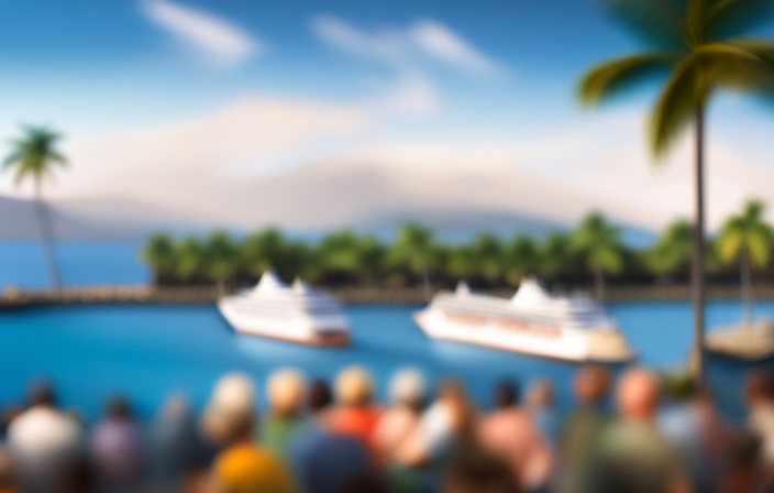 An image capturing the vibrant scene at Kona's harbor, with a majestic cruise ship anchored against the deep blue Pacific Ocean backdrop