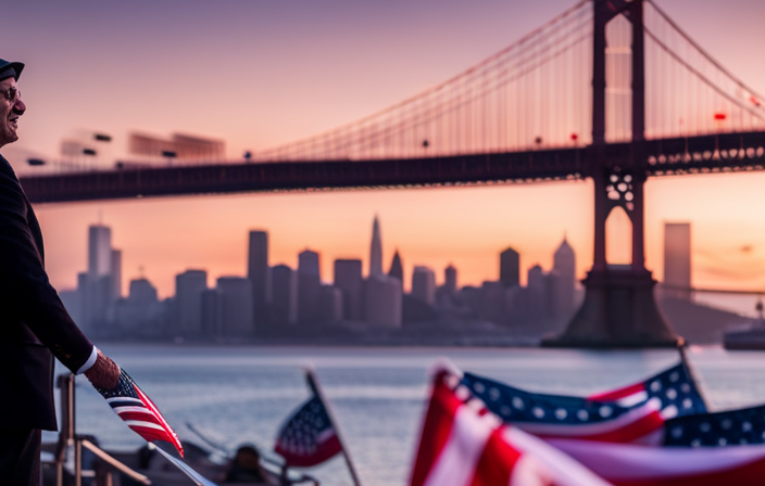 An image showcasing San Francisco's iconic skyline with the majestic Golden Gate Bridge in the background, while a colossal cruise ship, adorned with vibrant flags, majestically sails into the city's bustling port, ready to embark on a new adventure