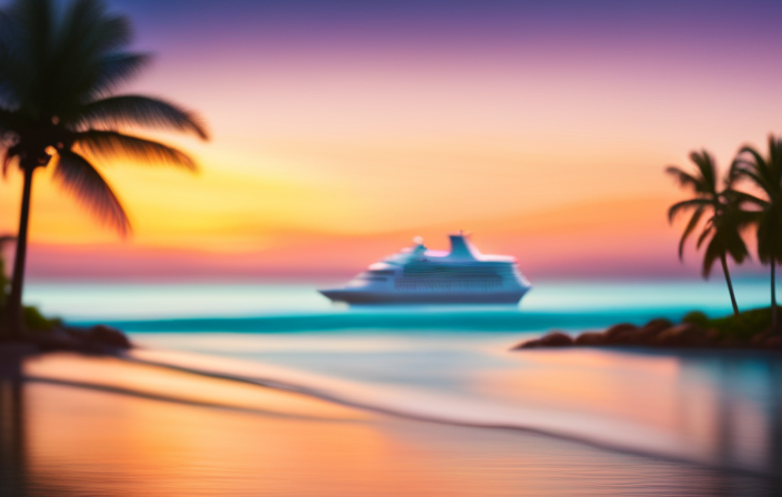 An image showcasing a luxurious cruise ship floating effortlessly on crystal-clear turquoise waters, surrounded by towering palm trees, with a backdrop of a breathtaking, pastel-hued sunset painting the sky in hues of orange and purple