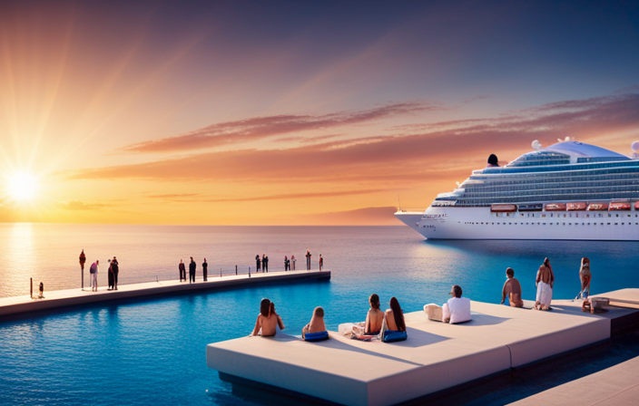 An image showcasing a luxurious cruise ship adorned with Verizon branding, its pristine white hull glimmering under a vibrant sunset