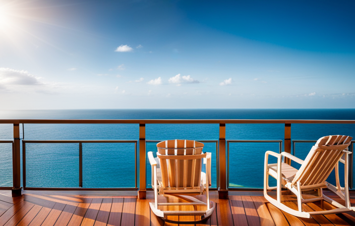 An image showcasing a serene cruise ship deck with comfortable lounge chairs overlooking a pristine ocean horizon