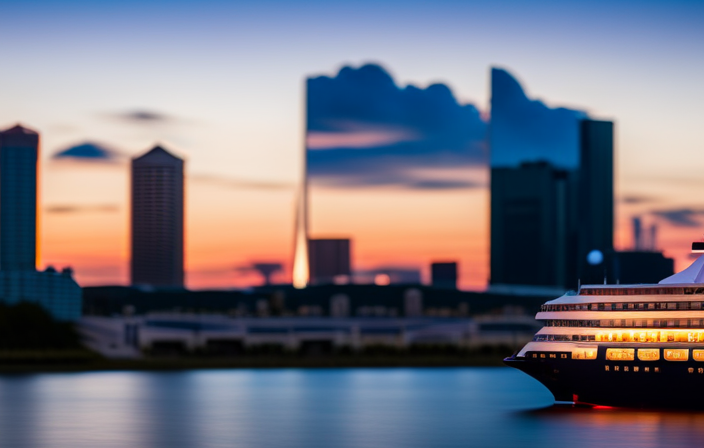 An image that showcases the stunning skyline of Jacksonville, Florida, with a majestic cruise ship docked at the JAXPORT Cruise Terminal