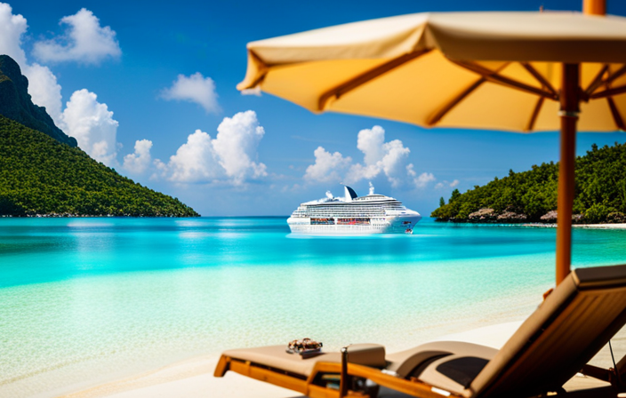 An image showcasing a majestic cruise ship sailing through crystal-clear turquoise waters, flanked by lush tropical islands, with sun-kissed passengers basking on deck, surrounded by vibrant umbrellas and sparkling pools