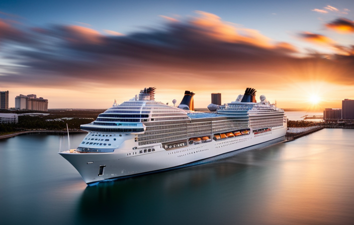 An image that showcases the vibrant atmosphere of Port Canaveral's cruise terminal, featuring a majestic MSC ship docked alongside the bustling pier, surrounded by excited passengers embarking on their dream vacation