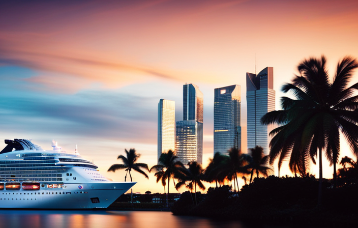 An image showcasing the vibrant Miami skyline, with a distinct cruise terminal featuring Norwegian Cruise Line's logo
