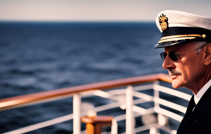 An image of a confident captain standing at the helm of a majestic cruise ship, adorned in a crisp uniform, gazing into the horizon with determination, while passengers revel in luxury on the decks behind