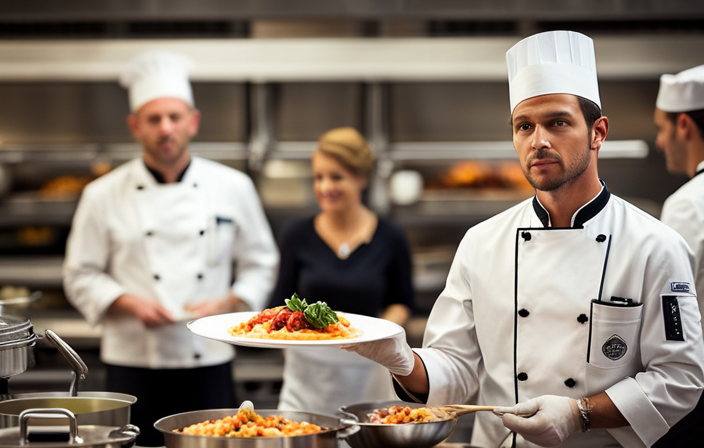 An image that showcases a bustling cruise ship's vast kitchen, with chefs meticulously preparing exquisite meals, while in the background, a separate area efficiently processes and composts food waste, reducing environmental impact