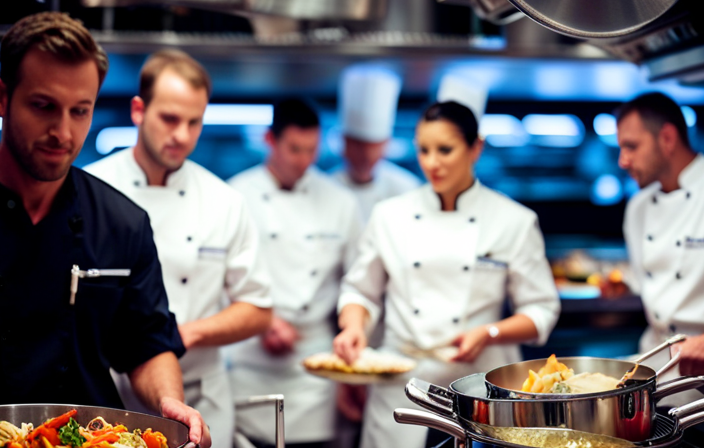 An image capturing the mesmerizing sight of a bustling cruise ship's galley, where skilled chefs expertly transform surplus gourmet ingredients into delectable dishes