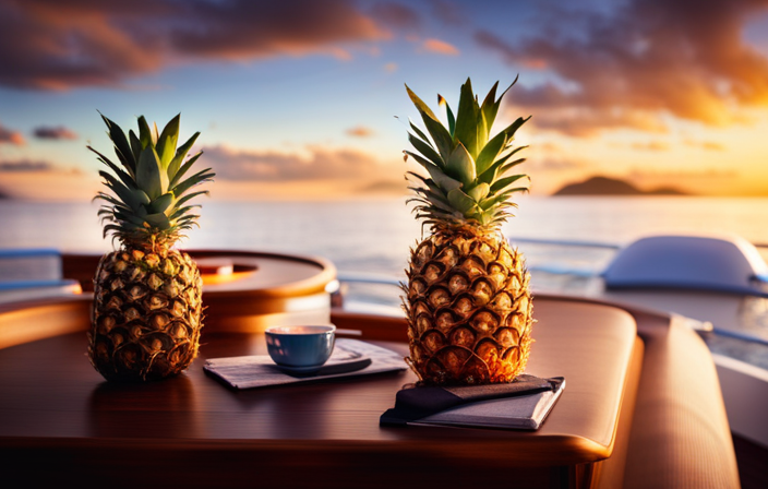 An image showcasing a lush tropical cruise deck adorned with vibrant pineapple centerpieces, symbolizing a sense of exotic luxury and carefree relaxation, inviting readers to explore the significance of pineapples on a cruise