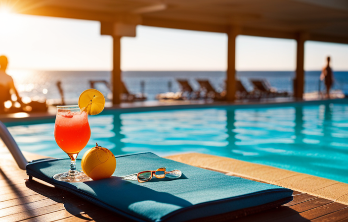 An image capturing a sun-drenched poolside on a cruise ship, adorned with vibrant loungers, tempting cocktail glasses, and an array of water toys