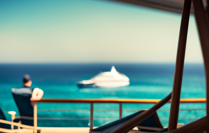 An image of a luxury cruise ship sailing on crystal-clear turquoise waters, with two deck chairs on the deck, each adorned with a cocktail, to capture the essence of a 2-for-1 cruise fare