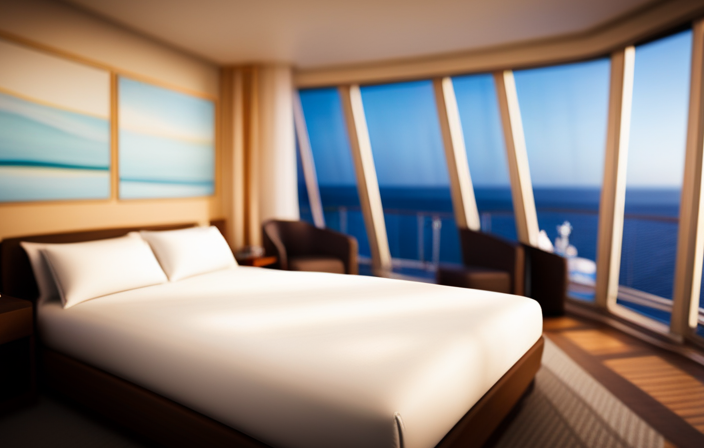 An image showcasing a spacious and elegant balcony room on a Carnival Cruise, adorned with plush furnishings, a comfortable king-sized bed, floor-to-ceiling glass doors, offering breathtaking ocean views and a private outdoor seating area
