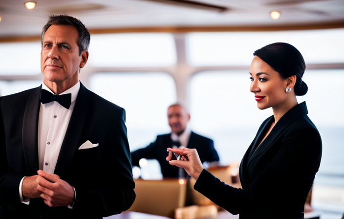 A vibrant and bustling image capturing a Cruise Director orchestrating activities on a luxurious ship