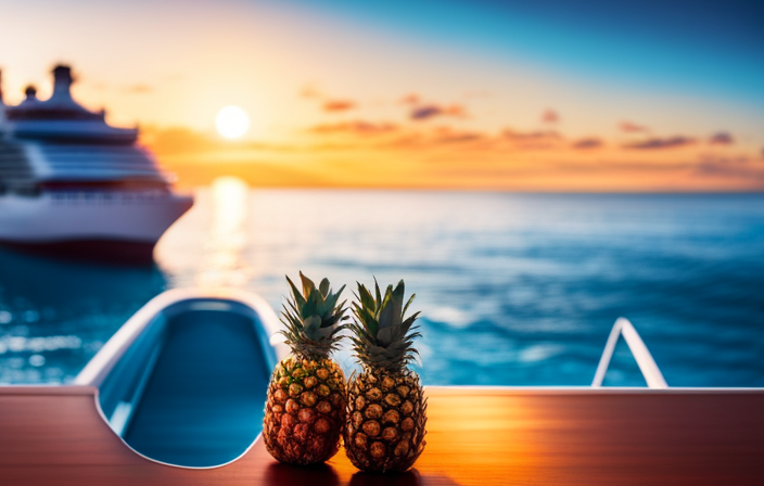 An image of a vibrant, tropical cruise ship deck adorned with colorful pineapple-shaped decorations, symbolizing warmth, hospitality, and the island vibes associated with cruising destinations