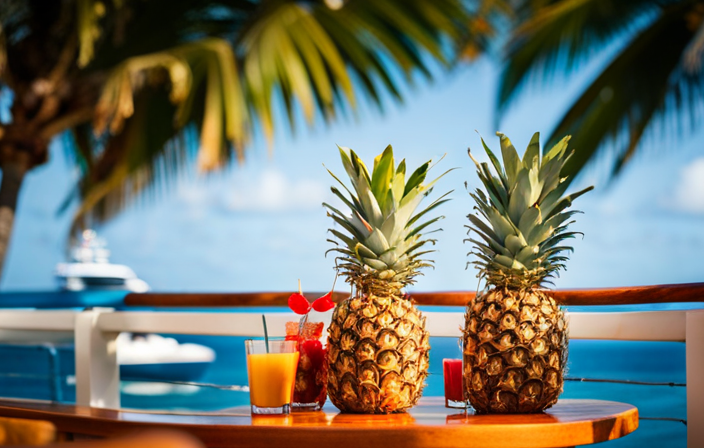 An image of a tropical cruise deck, adorned with vibrant pineapple-shaped decorations, where passengers joyfully savor pineapple-infused drinks and indulge in pineapple-themed desserts, symbolizing the exotic charm and delightful indulgence of pineapples on a cruise