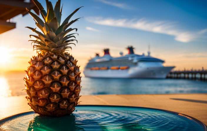An image featuring a vibrant, tropical cruise ship deck adorned with a glistening, upside-down pineapple on a table, surrounded by cheerful vacationers, piquing curiosity about the hidden meaning behind this intriguing symbol