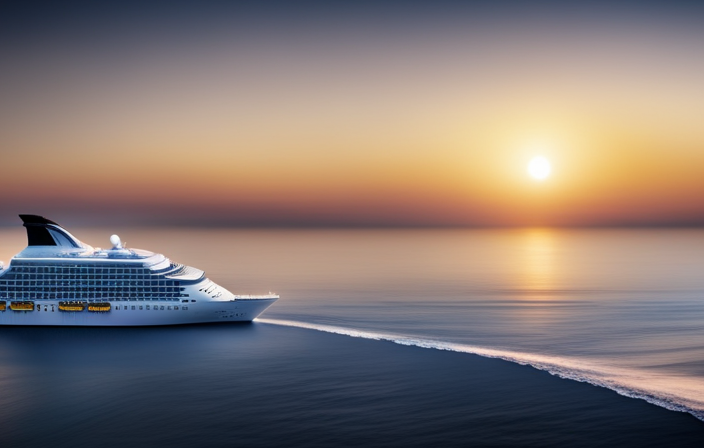 An image showing a serene ocean view with a luxurious cruise ship gliding effortlessly on calm waters towards the horizon, while the sun sets behind, casting a warm golden glow on the entire scene