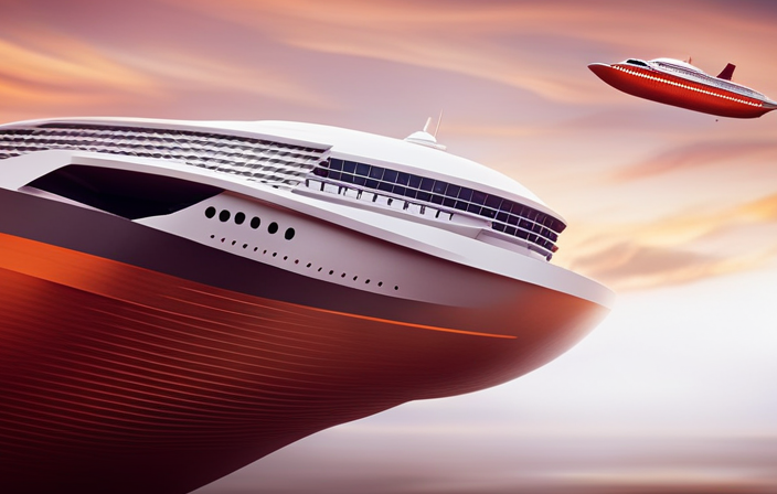 An image showcasing a colossal cruise ship majestically suspended in mid-air inside a massive metallic structure, as skilled workers in vibrant orange uniforms diligently repair its hull, propellers, and paint every inch with meticulous attention to detail